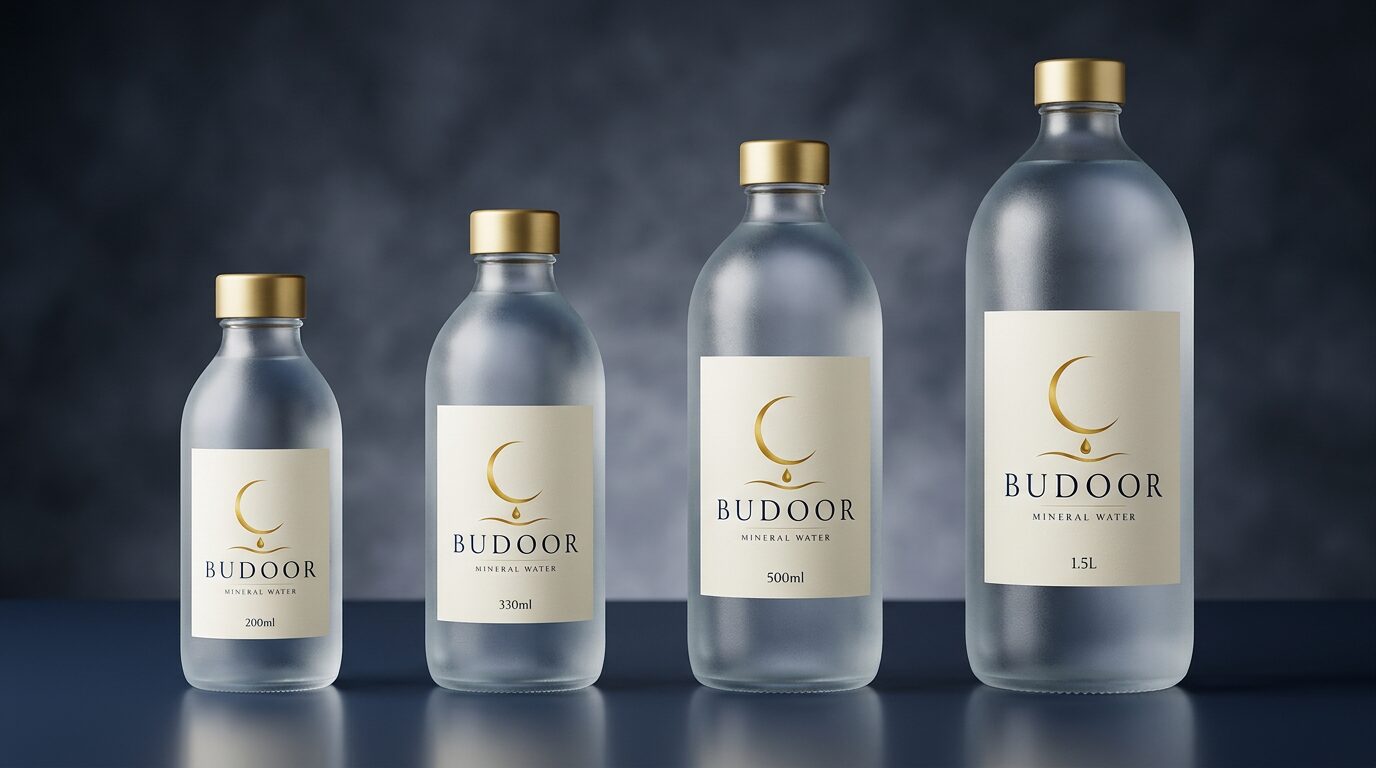 Budoor mineral water packaging family — 200ml, 330ml, 500ml and 1.5L
